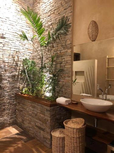 a bathroom with a sink and plants on the wall at VillaMag in Jericoacoara