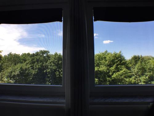an open window with a view of trees at Großes helles Zimmer + eigenes Bad in Hamburg