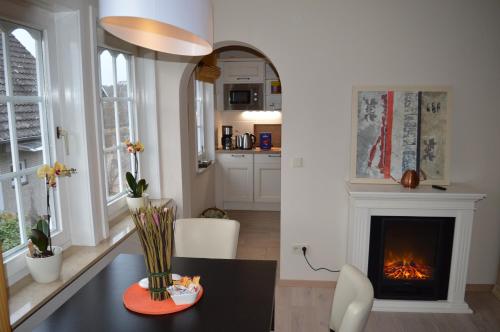 uma cozinha e sala de estar com lareira em 5***** Luxus Suite Engel em Bad Bevensen