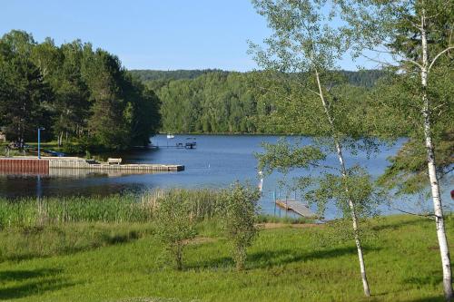 a view of a lake with a dock and trees at Les 4 chalets - Le 605 in Lac-Saint-Paul