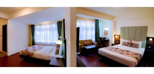 two pictures of a hotel room with two beds at Udaan Woodberry Hotel & Spa in Gangtok