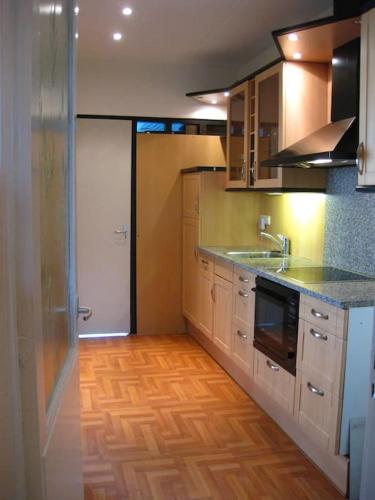 eine Küche mit Holzböden und einer Arbeitsplatte in der Unterkunft Cosy Apartment De Pijp Bed and Breakfast in Amsterdam