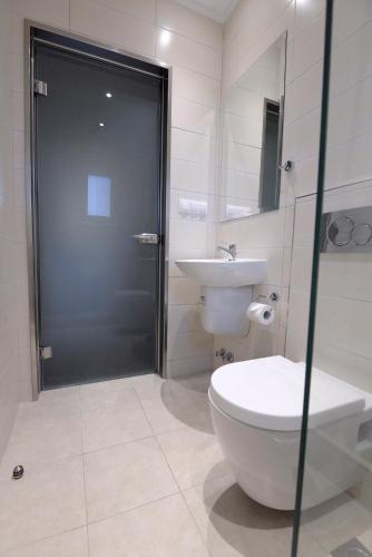 a bathroom with a toilet and a sink and a shower at Olivegrove House in Vourvourou