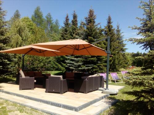 an umbrella with chairs and tables under it at Hotel Antoni in Tomaszów Lubelski