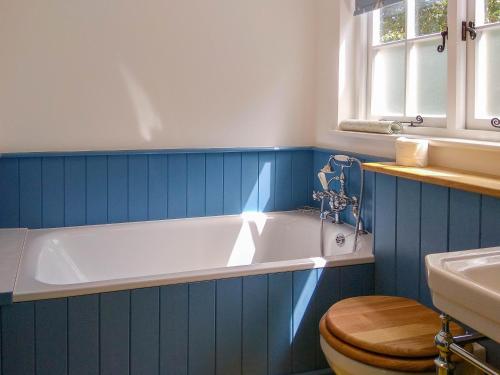 a blue bathroom with a tub and a toilet at 7 Whinlands in Thorpeness
