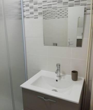 y baño blanco con lavabo y ducha. en Fleur d'orchidée studio 99 en Sens