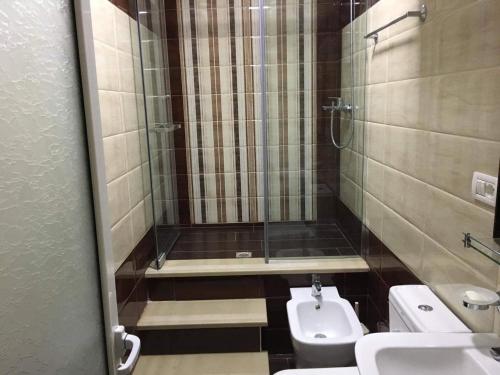 a bathroom with a shower and a toilet and a sink at Villa Parku Rinia in Korçë