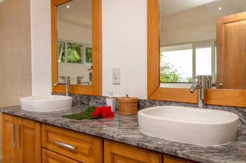 Baño con 2 lavabos y espejo en Blue Horizon Villas, en Pointe Au Sel 