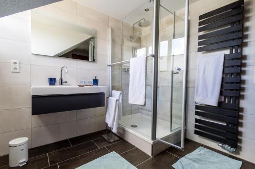 uma casa de banho com um chuveiro e um lavatório. em Ferienwohnung Konrad Duden em Wesel