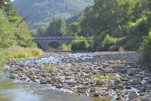 a river with rocks and a bridge in the background at Casa Bella in Dunavtsi