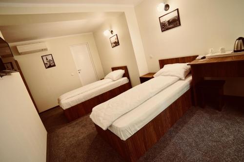 a room with two beds and a desk at Pensiunea Rustic in Hunedoara