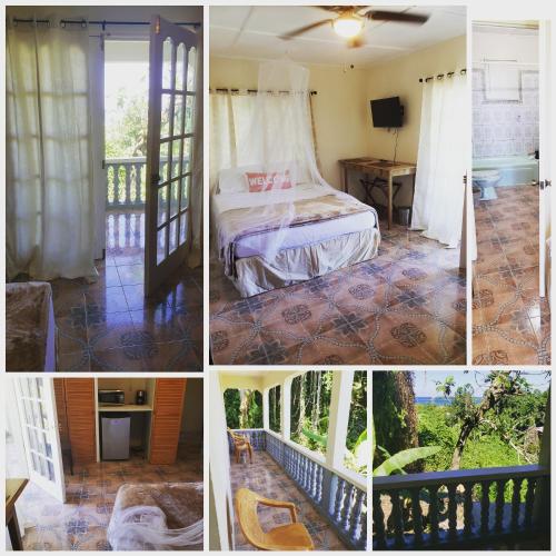 a collage of four pictures of a bedroom at Viva Violas in Port Antonio