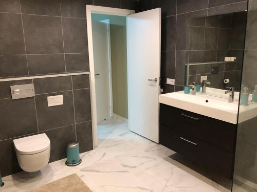 a bathroom with a toilet and a sink and a mirror at Suecia Villa Opal Anfi Tauro in Mogán