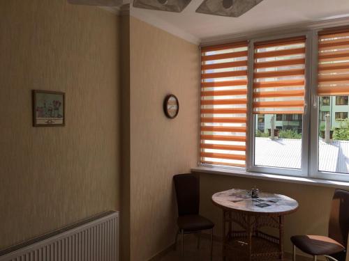 トラスコヴェッツにあるАпартаменти Помірецька/Шашкевичаのテーブルと窓2つが備わる客室です。