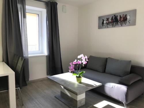a living room with a couch and a table at Panorama Apartments in Karlovy Vary