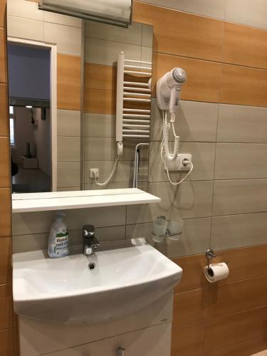 uma casa de banho com um lavatório branco e um espelho. em New cosy studio em Karlovy Vary