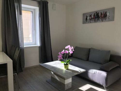 a living room with a couch and a table with flowers at Panorama Apartments in Karlovy Vary