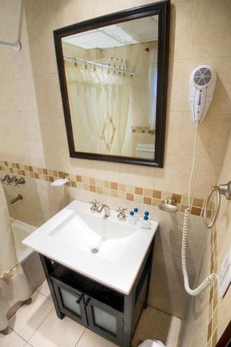 a bathroom with a sink and a mirror and a shower at Apart Hotel Las Palmeras in Villa General Belgrano