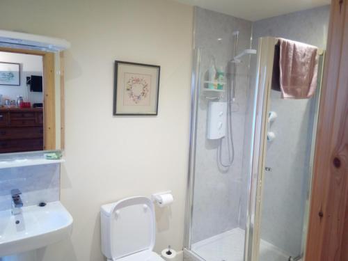 uma casa de banho com um chuveiro, um WC e um lavatório. em Strathview em Strathpeffer
