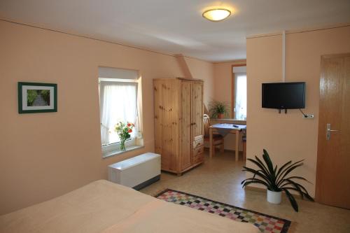 a bedroom with a bed and a television and a bathroom at Ferienweingut SerwaziWein in Mesenich