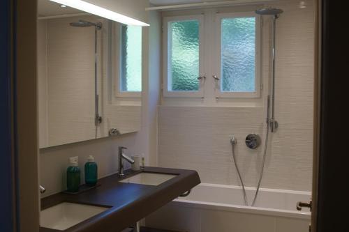 La salle de bains est pourvue d'un lavabo et d'une douche. dans l'établissement Maujobia 31, à Neuchâtel