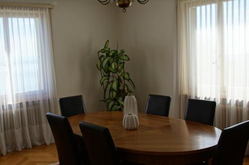 a dining room with a wooden table and chairs at Maujobia 31 in Neuchâtel
