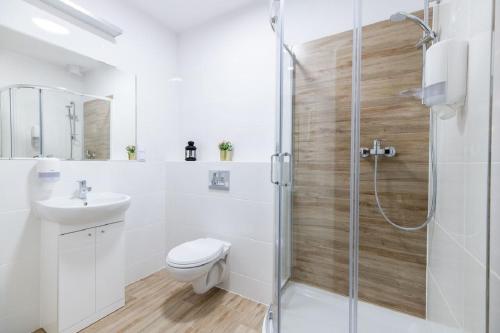 a bathroom with a shower and a toilet and a sink at DIETLA 99 APARTMENTS - IDEAL LOCATION - in the heart of Krakow in Kraków