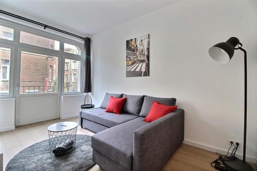 a living room with a gray couch and red pillows at Rent a Flat - Bruxelles in Brussels