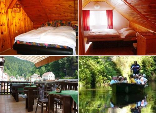 a collage of four pictures of a bedroom and a bed at Restaurace a Penzion Oáza in Hřensko