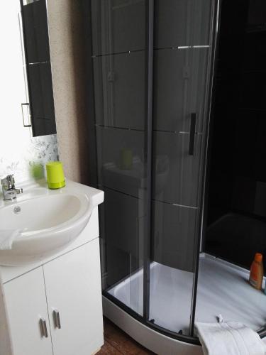 une salle de bain avec douche et lavabo dans l'établissement La Garde Chambres d'hôtes, à Charancieu