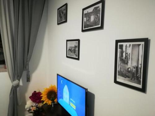 a flat screen tv sitting on a wall with pictures at Irís Apartment in Pombal