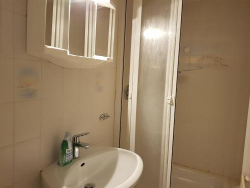 a white bathroom with a sink and a shower at 2 Zi-Appartment mit Gartennutzung in Brühl