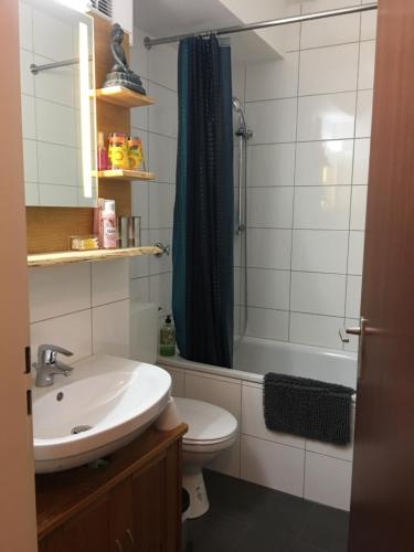 ein Bad mit einem Waschbecken, einem WC und einer Dusche in der Unterkunft Mitten in Düsseldorf in Düsseldorf