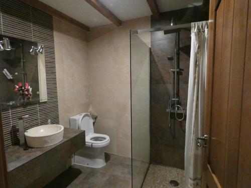 グアダルーペにあるCasa Rural Abuela Isabelのバスルーム(トイレ、ガラス張りのシャワー付)