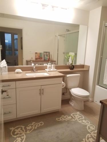 a bathroom with a toilet and a sink and a mirror at Penthouse Dreams in Irvine