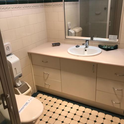 a bathroom with a sink and a toilet and a mirror at The Lodge Outback Motel in Broken Hill