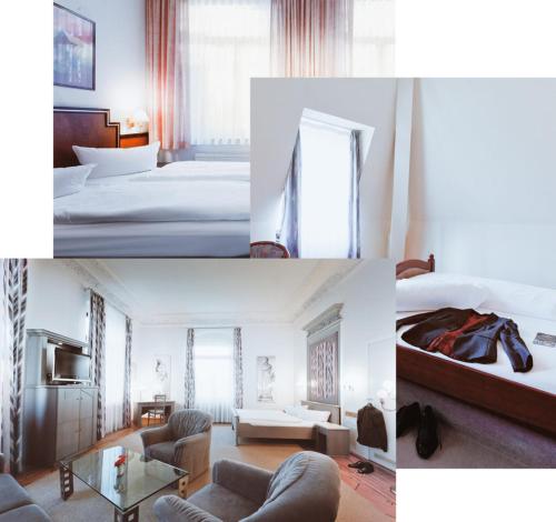 eine Collage mit Fotos eines Hotelzimmers in der Unterkunft Hotel Kipping in Dresden