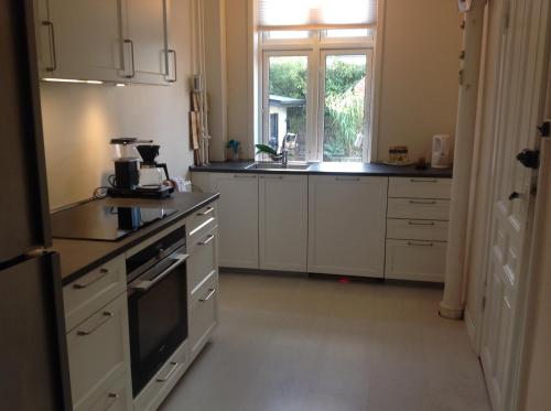 a kitchen with white appliances and a window at Oasen Ved Centrum in Frederikshavn