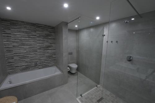 a bathroom with a shower and a tub and a toilet at 250onIndus in Pretoria
