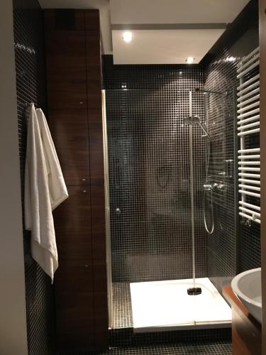 a bathroom with a shower with a glass door at APARTAMENT 304 Willa Port in Ostróda