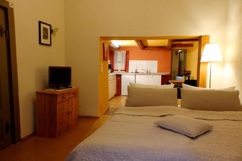 een slaapkamer met een bed en een televisie en een keuken bij Ferienwohnung Im Damm in Quedlinburg