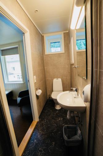a bathroom with a white toilet and a sink at Gudvangen Budget Hotel in Gudvangen