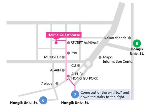 a map of the exit to the exit and going down the stairs to at Heima Guesthouse Hongdae in Seoul