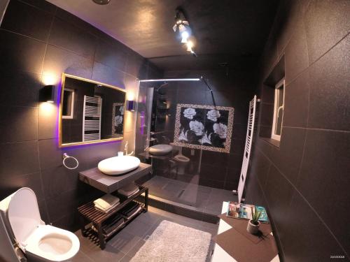 a black bathroom with a toilet and a sink at Apulum Gardens in Alba Iulia