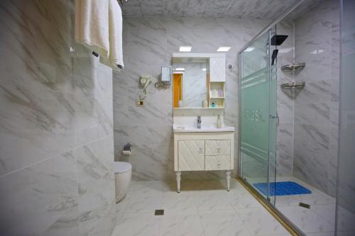 a bathroom with a shower and a toilet and a sink at Rusel Hotel in Baku