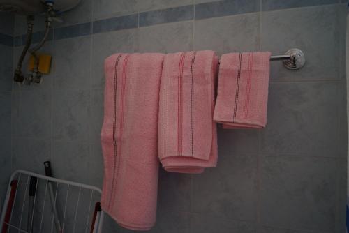 Duas toalhas cor-de-rosa penduradas num toalheiro na casa de banho em Beachfront Apartment em Nea Stira