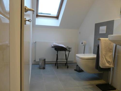 a bathroom with a toilet and a sink and a window at Stadt trifft Land in Münster