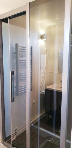 une douche en verre dans une salle de bain avec un lavabo dans l'établissement Gîte du Port de Saint Valery, à Saint-Valery-sur-Somme