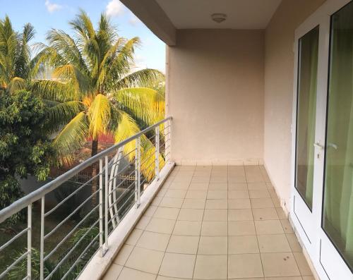 a balcony with a view of a palm tree at Les Lauriers in Flic-en-Flac
