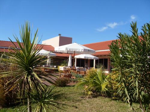 a resort with tables and umbrellas and palm trees at Club Valle Termal Resort in Federación